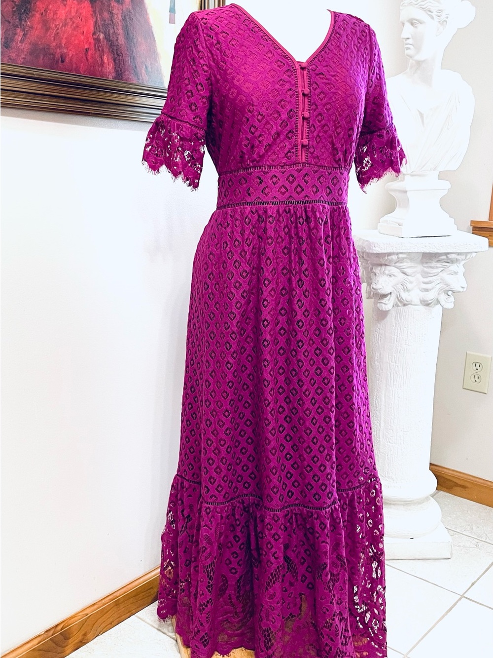 JESSAKAE Magenta Laced Eyelet Maxi S/M Gorgeous Says L FIT FOR THIN SMALL BUST